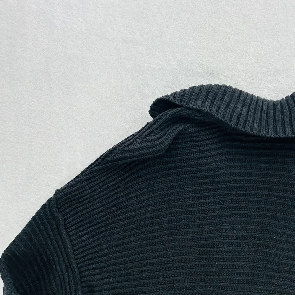 Free People Sweater Womens Small Black Chunky Rib Knit Collared Deep V Pullover